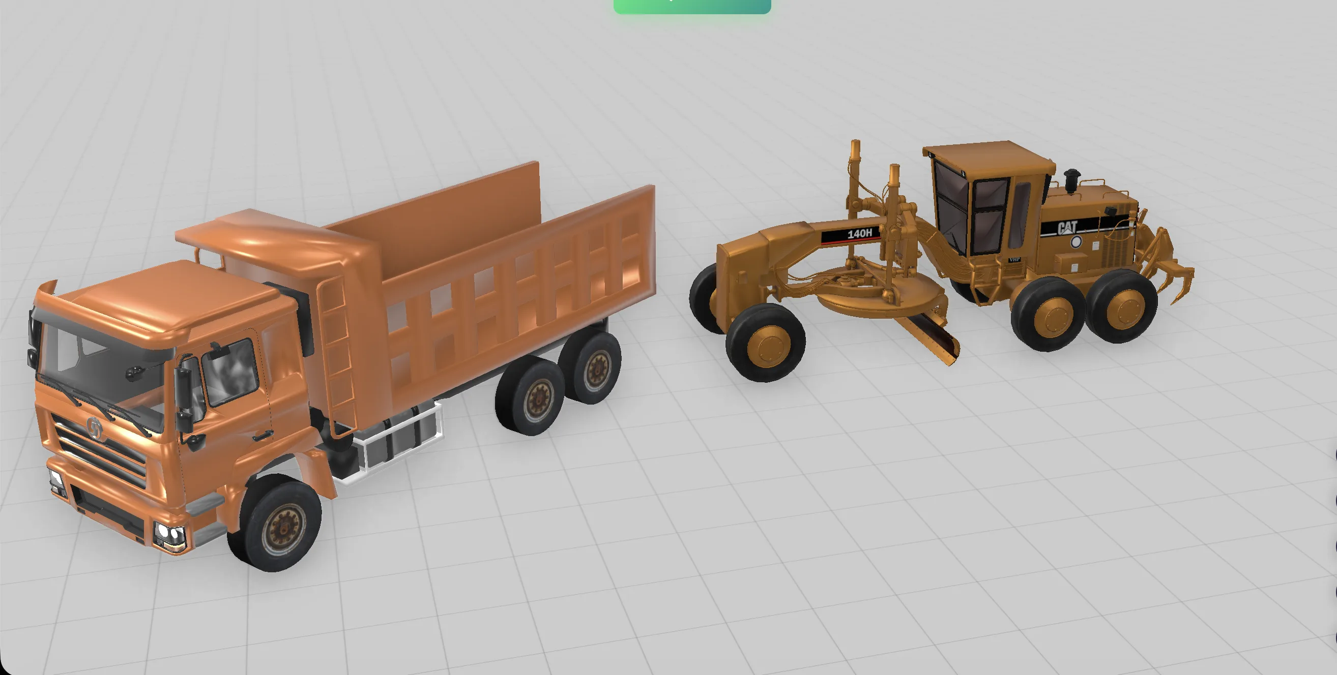 Modelli 3D base di camion ribaltabile e livellatrice CAT su griglia neutra, senza texture n&eacute; ambiente