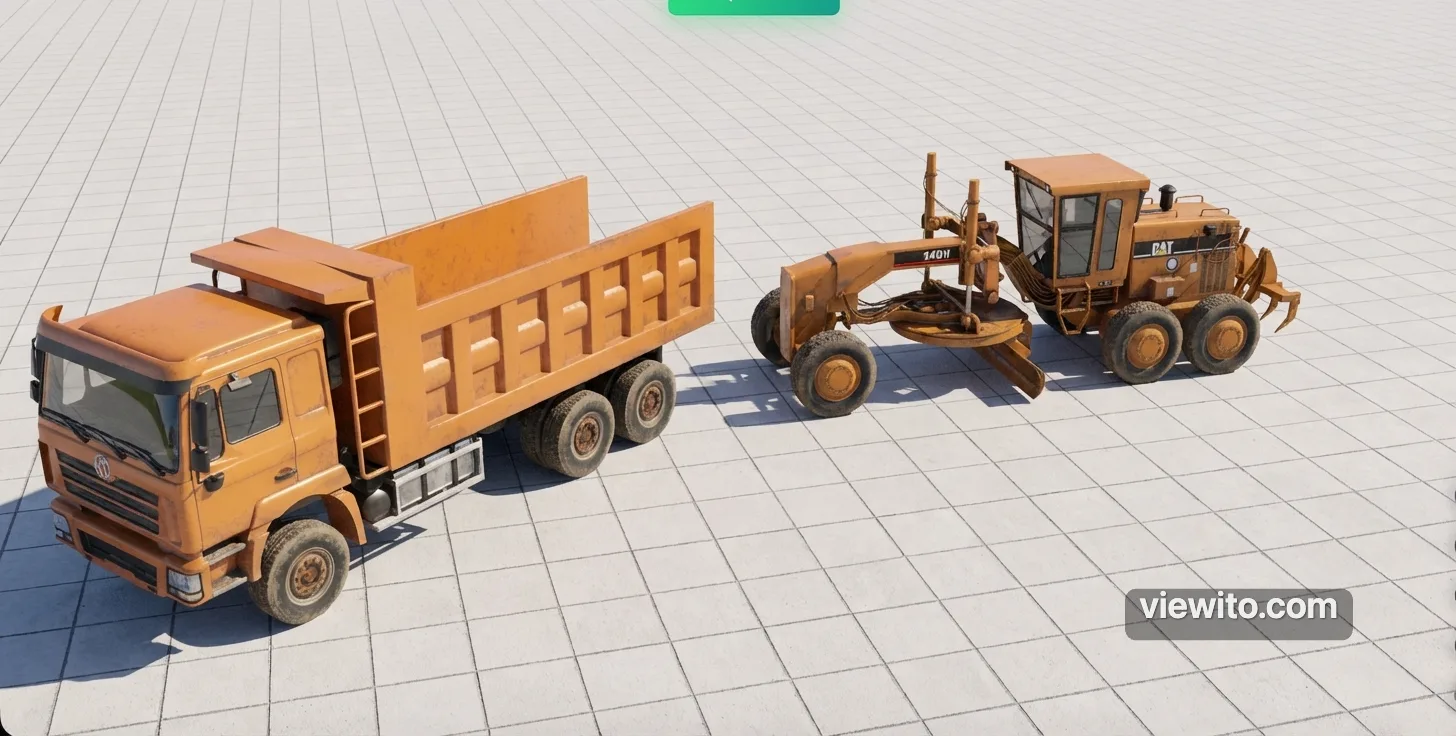 Modelli 3D con texture realistiche, ombre proiettate e dettagli di superficie su sfondo neutro con watermark Viewito