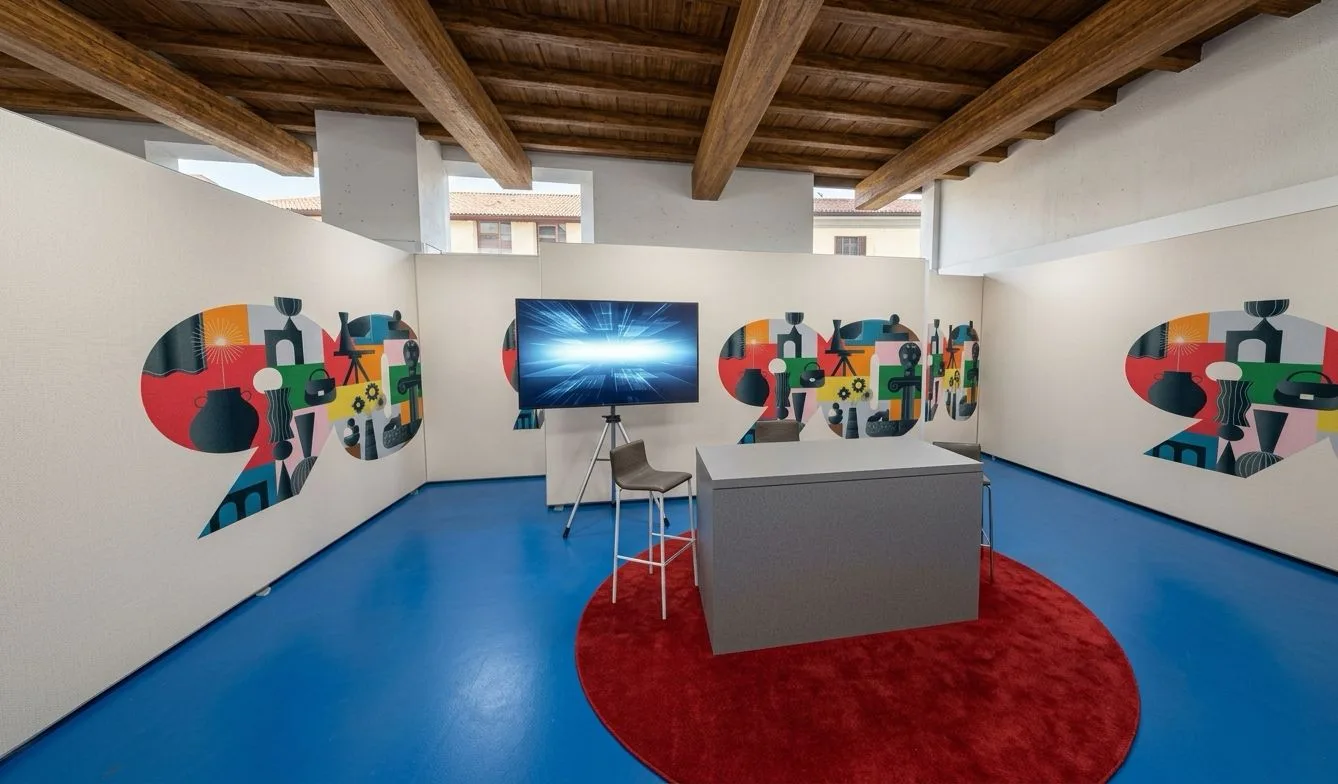 Fotorealistisches KI-Rendering des Messestands mit ausgewogener nat&uuml;rlicher Beleuchtung, sauberen W&auml;nden, realistischen Holzbalken mit weichen Schatten und perfektem gl&auml;nzendem blauen Boden