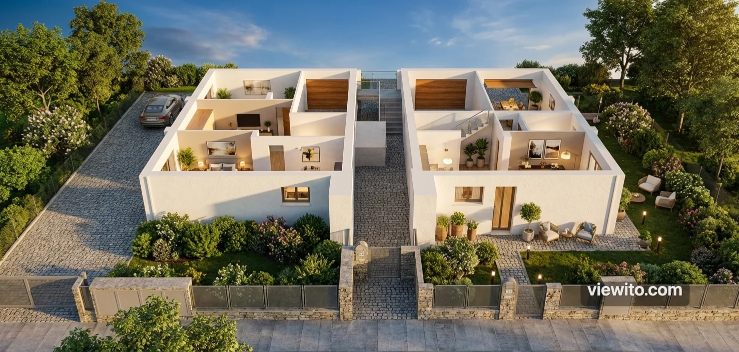 AI photorealistic rendering of villa with garden, vegetation, natural lights — generated by Viewito
